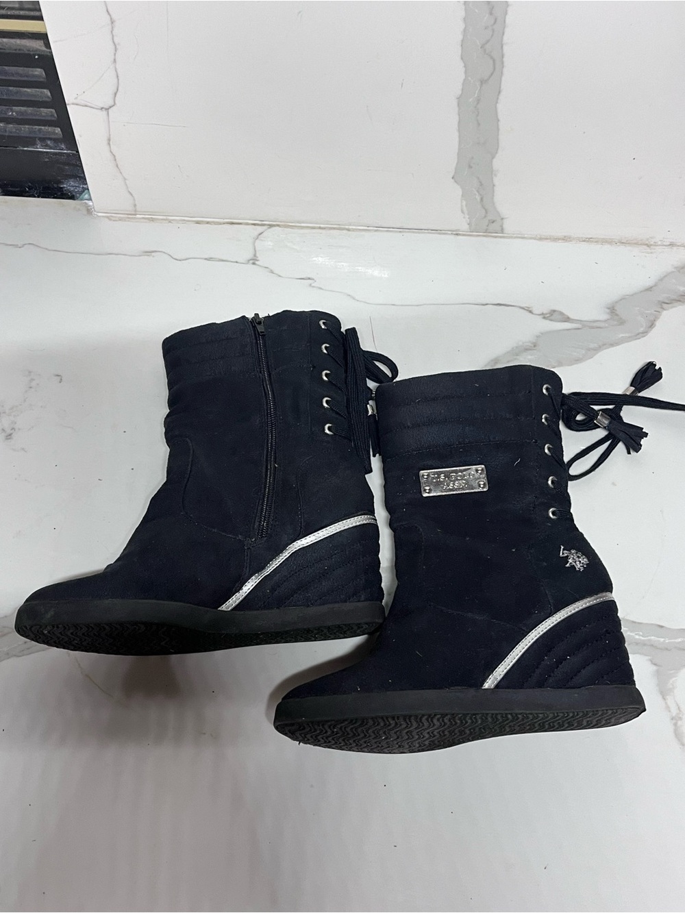 U.S. Polo Assn. Black Wedge Lace-Up Ankle Boots with Silver Trim
